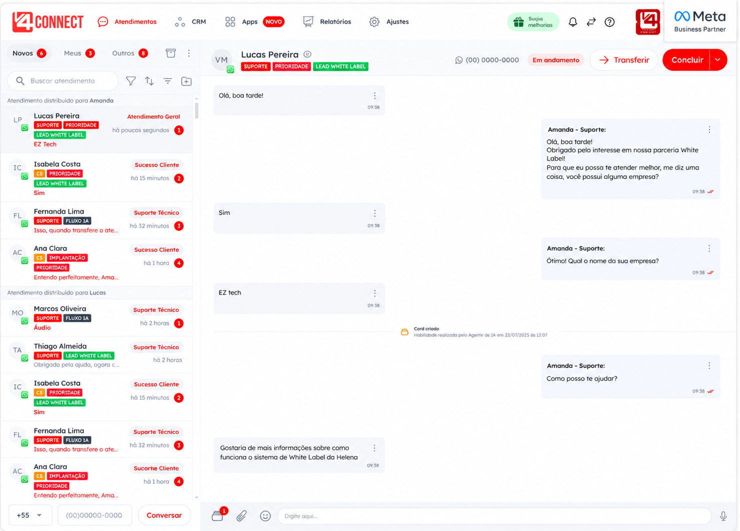Interface do V4Connect CRM em atendimento